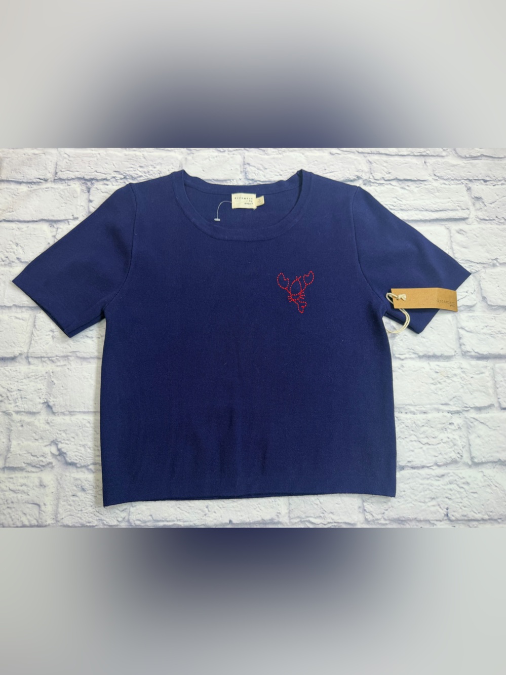 NWT Dreamers Navy Knit Crewneck Top with Red Embroidered Lobster. Nautical. L.